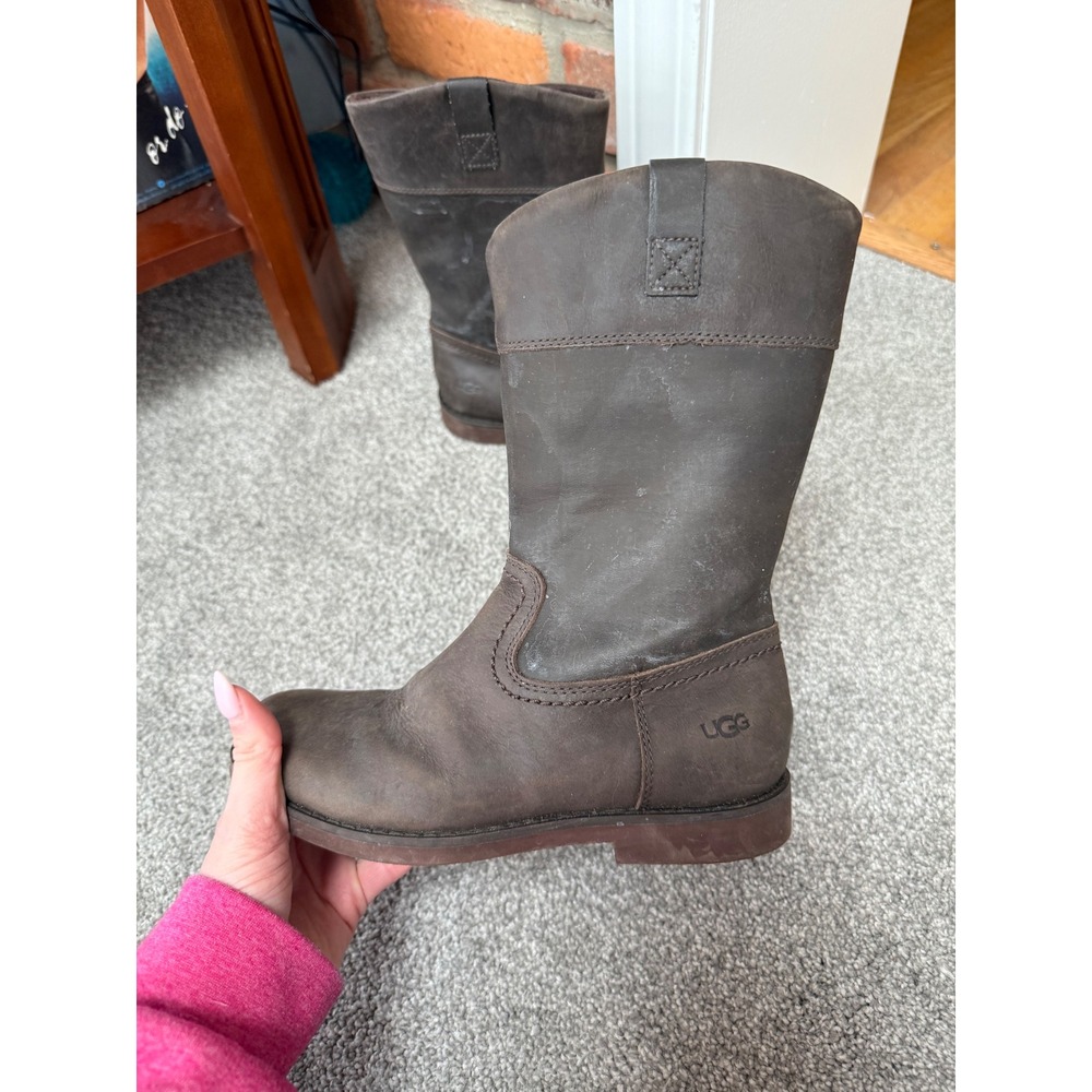 UGG Simmens Waterproof Brown‎ Leather Suede Mid Calf Boots Kids Size 2